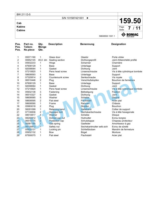 Bomag BW 211 D-5 Single Drum Wheel Drive Vibratory Roller Spare Parts Catalogue 00826261 5 Bomag BW 211 D-5 Single Drum Wheel Drive Vibratory Roller Spare Parts Catalogue 00826261-5