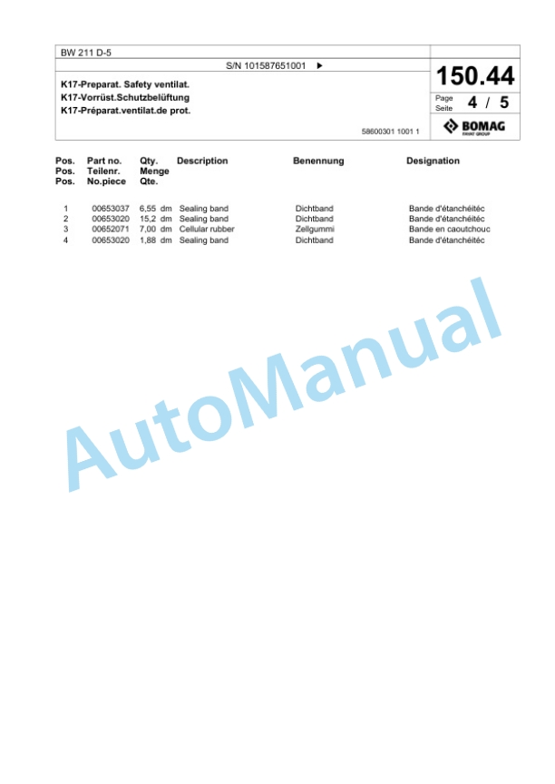 Bomag BW 211 D-5 Single Drum Wheel Drive Vibratory Roller Spare Parts Catalogue 00826575 3 Bomag BW 211 D-5 Single Drum Wheel Drive Vibratory Roller Spare Parts Catalogue 00826575-3