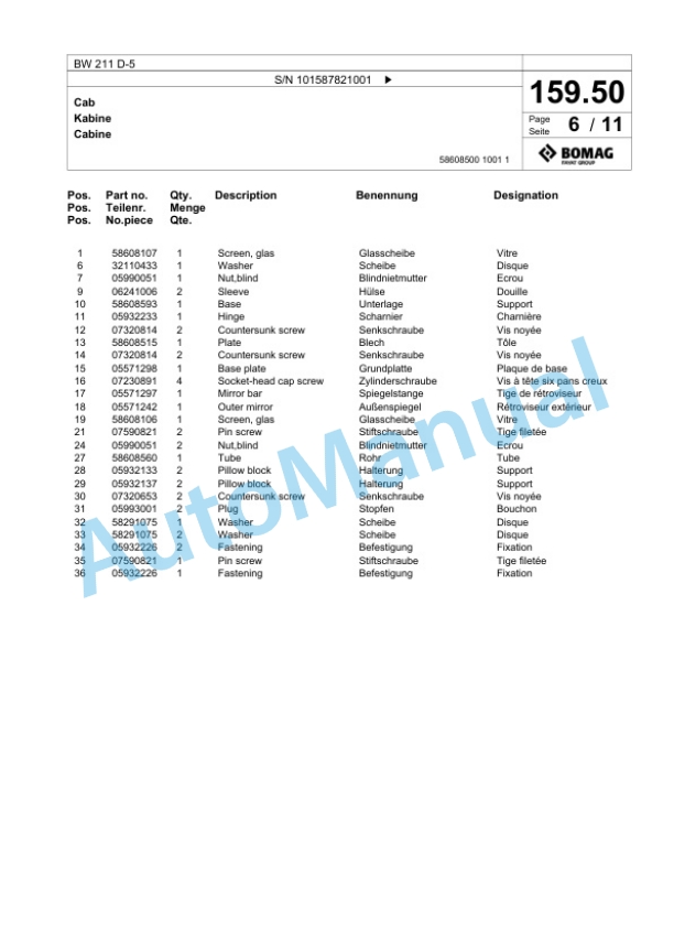 Bomag BW 211 D-5 Single Drum Wheel Drive Vibratory Roller Spare Parts Catalogue 00826927 5 Bomag BW 211 D-5 Single Drum Wheel Drive Vibratory Roller Spare Parts Catalogue 00826927-5