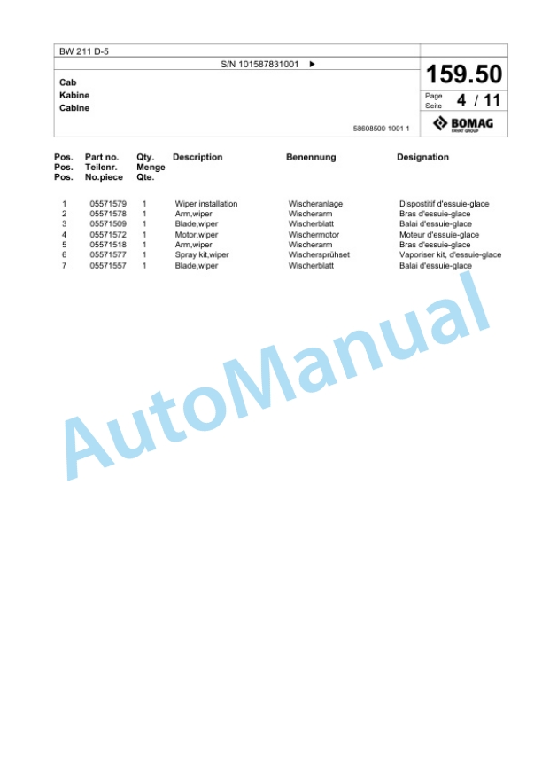 Bomag BW 211 D-5 Single Drum Wheel Drive Vibratory Roller Spare Parts Catalogue 00826929-5