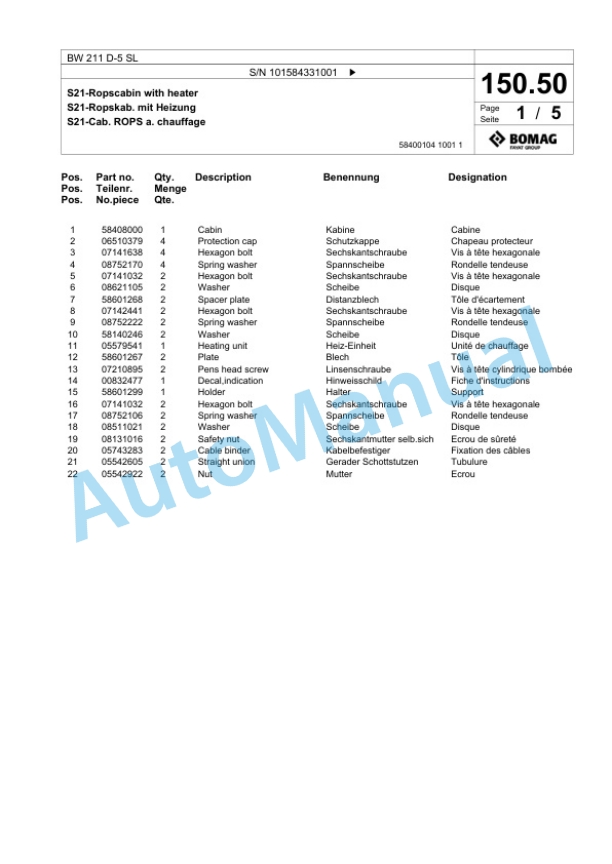 Bomag BW 211 D-5 SL Single Drum Wheel Drive Vibratory Roller Spare Parts Catalogue 00826379 4 Bomag BW 211 D-5 SL Single Drum Wheel Drive Vibratory Roller Spare Parts Catalogue 00826379-4