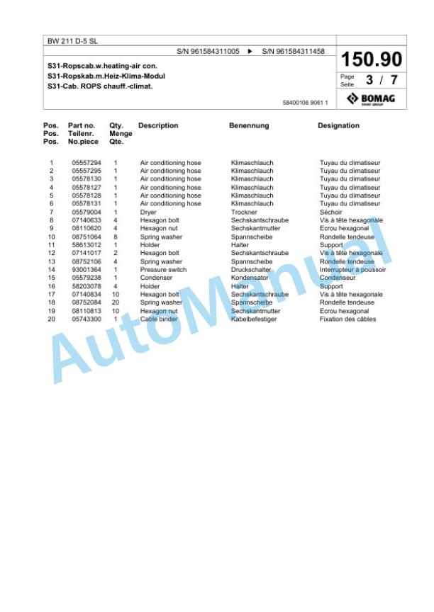Bomag BW 211 D-5 SL Single Drum Wheel Drive Vibratory Roller Spare Parts Catalogue 00826703 4 Bomag BW 211 D-5 SL Single Drum Wheel Drive Vibratory Roller Spare Parts Catalogue 00826703-4