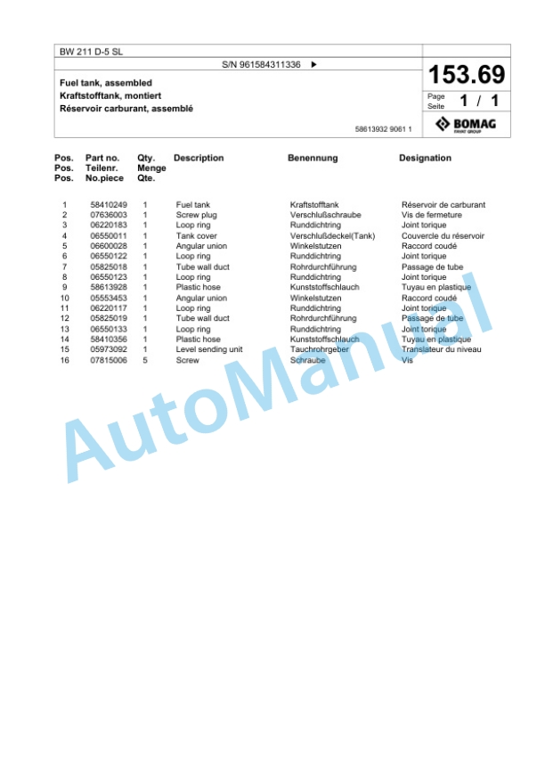 Bomag BW 211 D-5 SL Single Drum Wheel Drive Vibratory Roller Spare Parts Catalogue 00826703 5 Bomag BW 211 D-5 SL Single Drum Wheel Drive Vibratory Roller Spare Parts Catalogue 00826703-5