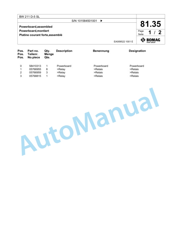 Bomag BW 211 D-5 SL Single Drum Wheel Drive Vibratory Roller Spare Parts Catalogue 00826825 2 Bomag BW 211 D-5 SL Single Drum Wheel Drive Vibratory Roller Spare Parts Catalogue 00826825-2