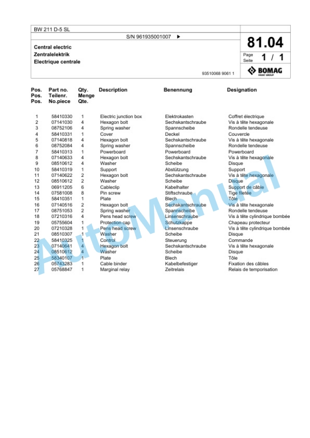 Bomag BW 211 D-5 SL Single Drum Wheel Drive Vibratory Roller Spare Parts Catalogue 00826855 2 Bomag BW 211 D-5 SL Single Drum Wheel Drive Vibratory Roller Spare Parts Catalogue 00826855-2