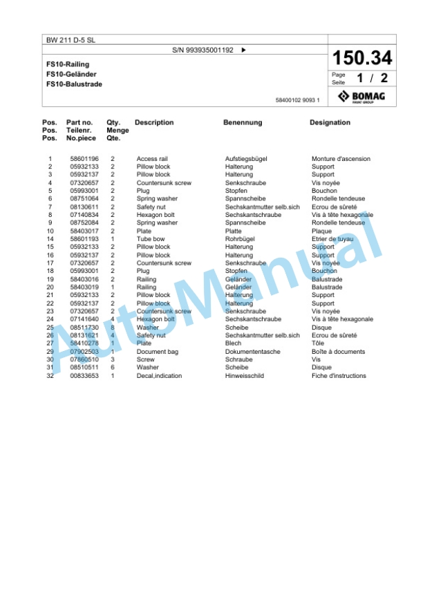 Bomag BW 211 D-5 SL Single Drum Wheel Drive Vibratory Roller Spare Parts Catalogue 00826857 3 Bomag BW 211 D-5 SL Single Drum Wheel Drive Vibratory Roller Spare Parts Catalogue 00826857-3