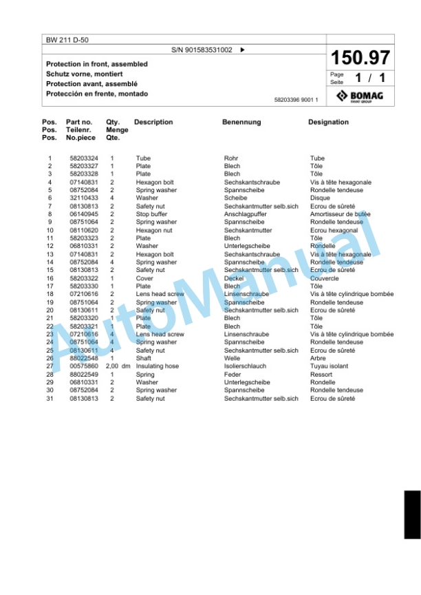 Bomag BW 211 D-50 Single Drum Wheel Drive Vibratory Roller Spare Parts Catalogue 00818869 5 Bomag BW 211 D-50 Single Drum Wheel Drive Vibratory Roller Spare Parts Catalogue 00818869-5