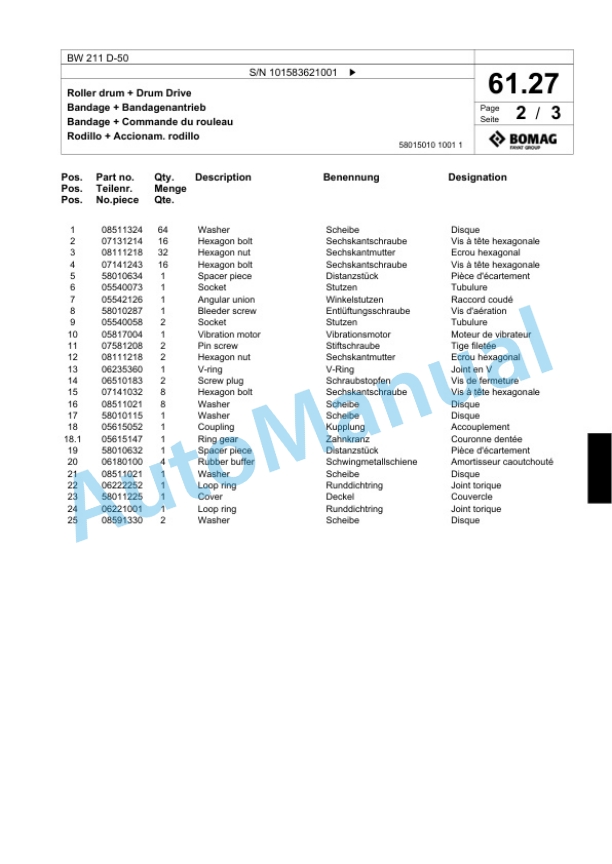 Bomag BW 211 D-50 Single Drum Wheel Drive Vibratory Roller Spare Parts Catalogue 00824425 2 Bomag BW 211 D-50 Single Drum Wheel Drive Vibratory Roller Spare Parts Catalogue 00824425-2
