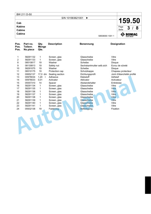 Bomag BW 211 D-50 Single Drum Wheel Drive Vibratory Roller Spare Parts Catalogue 00824425 5 Bomag BW 211 D-50 Single Drum Wheel Drive Vibratory Roller Spare Parts Catalogue 00824425-5