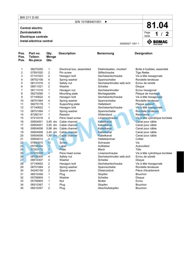 Bomag BW 211 D-50 Single Drum Wheel Drive Vibratory Roller Spare Parts Catalogue 00824701 2 Bomag BW 211 D-50 Single Drum Wheel Drive Vibratory Roller Spare Parts Catalogue 00824701-2