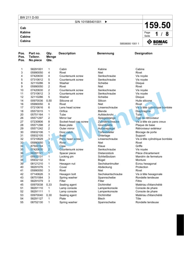 Bomag BW 211 D-50 Single Drum Wheel Drive Vibratory Roller Spare Parts Catalogue 00824701 5 Bomag BW 211 D-50 Single Drum Wheel Drive Vibratory Roller Spare Parts Catalogue 00824701-5
