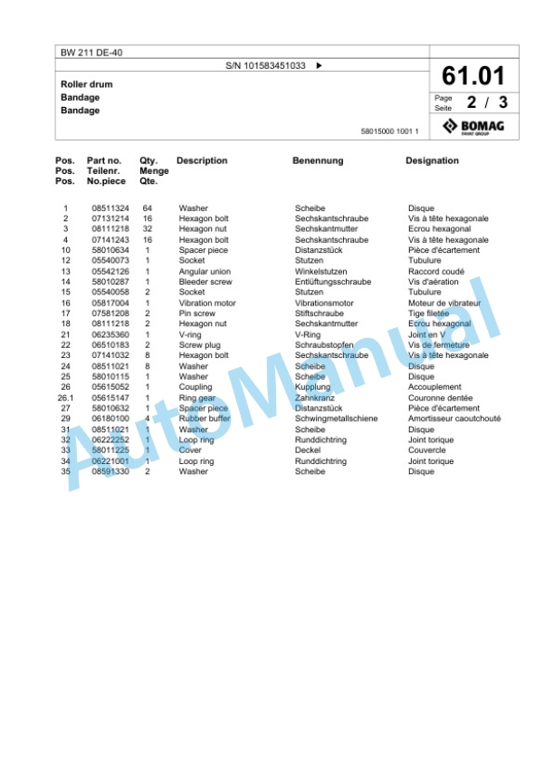 Bomag BW 211 DE-40 Single Drum Wheel Drive Vibratory Roller Spare Parts Catalogue 00800913 2 Bomag BW 211 DE-40 Single Drum Wheel Drive Vibratory Roller Spare Parts Catalogue 00800913-2