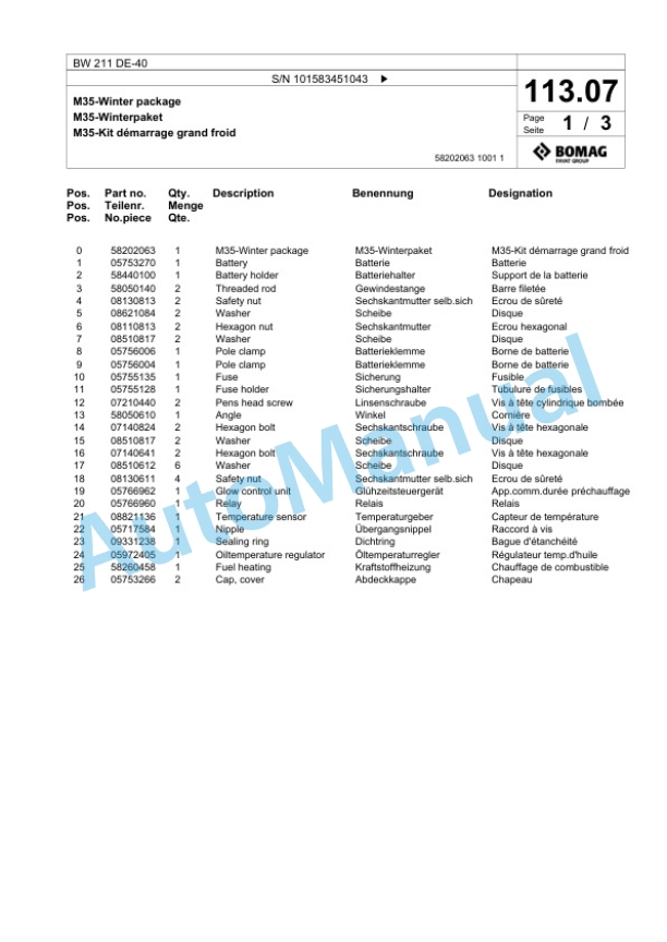 Bomag BW 211 DE-40 Single Drum Wheel Drive Vibratory Roller Spare Parts Catalogue 00800913 3 Bomag BW 211 DE-40 Single Drum Wheel Drive Vibratory Roller Spare Parts Catalogue 00800913-3
