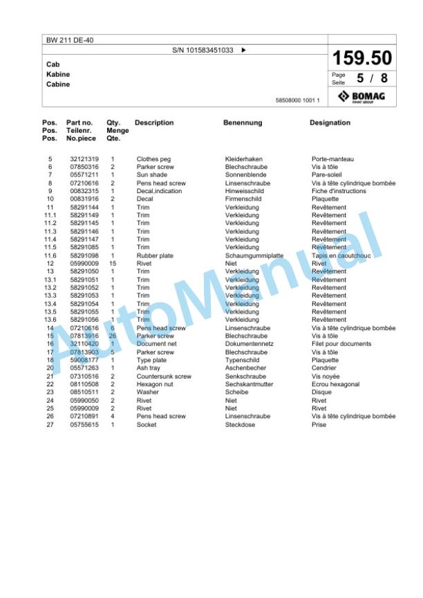 Bomag BW 211 DE-40 Single Drum Wheel Drive Vibratory Roller Spare Parts Catalogue 00800913 5 Bomag BW 211 DE-40 Single Drum Wheel Drive Vibratory Roller Spare Parts Catalogue 00800913-5