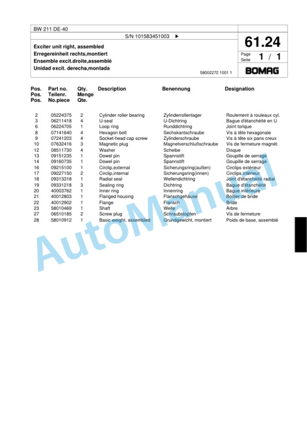 Bomag BW 211 DE-40 Single Drum Wheel Drive Vibratory Roller Spare Parts Catalogue 00818741 2 Bomag BW 211 DE-40 Single Drum Wheel Drive Vibratory Roller Spare Parts Catalogue 00818741-2