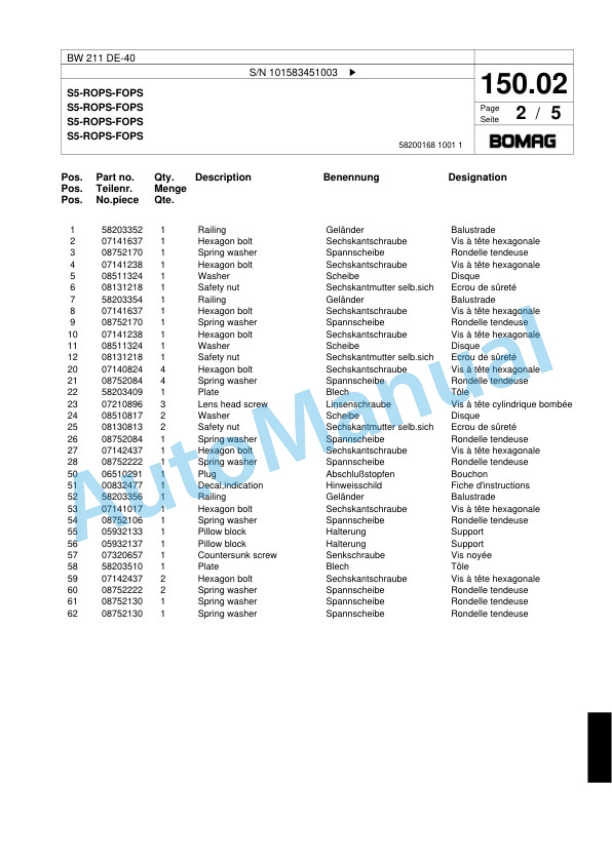 Bomag BW 211 DE-40 Single Drum Wheel Drive Vibratory Roller Spare Parts Catalogue 00818741 3 Bomag BW 211 DE-40 Single Drum Wheel Drive Vibratory Roller Spare Parts Catalogue 00818741-3
