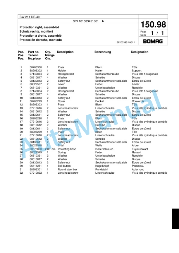 Bomag BW 211 DE-40 Single Drum Wheel Drive Vibratory Roller Spare Parts Catalogue 00818741 4 Bomag BW 211 DE-40 Single Drum Wheel Drive Vibratory Roller Spare Parts Catalogue 00818741-4