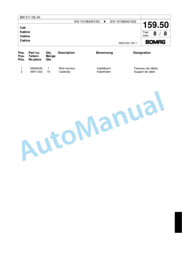 Bomag BW 211 DE-40 Single Drum Wheel Drive Vibratory Roller Spare Parts Catalogue 00818741 5 Bomag BW 211 DE-40 Single Drum Wheel Drive Vibratory Roller Spare Parts Catalogue 00818741-5