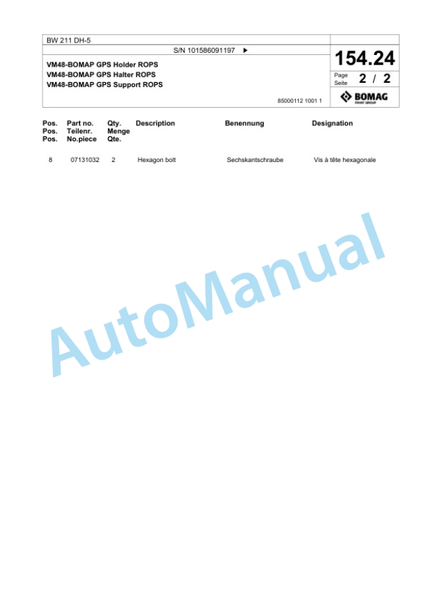 Bomag BW 211 DH-5 Single Drum Wheel Drive Vibratory Roller Spare Parts Catalogue 00824573 5 Bomag BW 211 DH-5 Single Drum Wheel Drive Vibratory Roller Spare Parts Catalogue 00824573-5