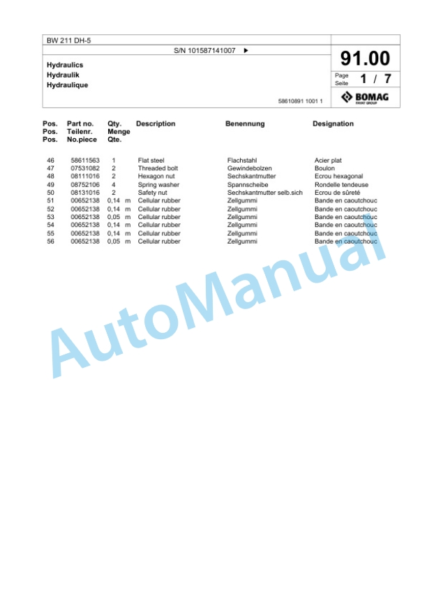 Bomag BW 211 DH-5 Single Drum Wheel Drive Vibratory Roller Spare Parts Catalogue 00826061 2 Bomag BW 211 DH-5 Single Drum Wheel Drive Vibratory Roller Spare Parts Catalogue 00826061-2