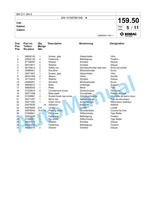 Bomag BW 211 DH-5 Single Drum Wheel Drive Vibratory Roller Spare Parts Catalogue 00826559 5 Bomag BW 211 DH-5 Single Drum Wheel Drive Vibratory Roller Spare Parts Catalogue 00826559-5