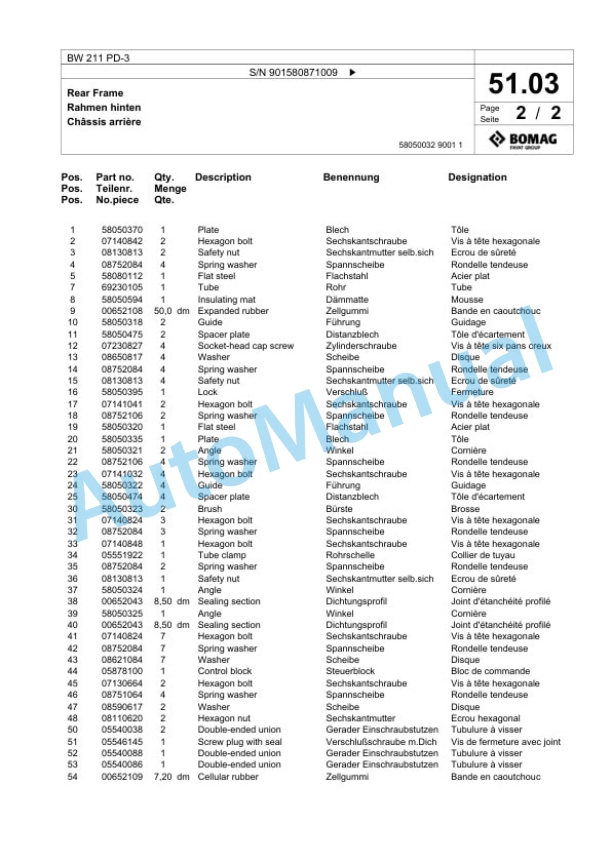 Bomag BW 211 PD-3 Single Drum Wheel Drive Vibratory Roller Spare Parts Catalogue 00817608 2 Bomag BW 211 PD-3 Single Drum Wheel Drive Vibratory Roller Spare Parts Catalogue 00817608-2
