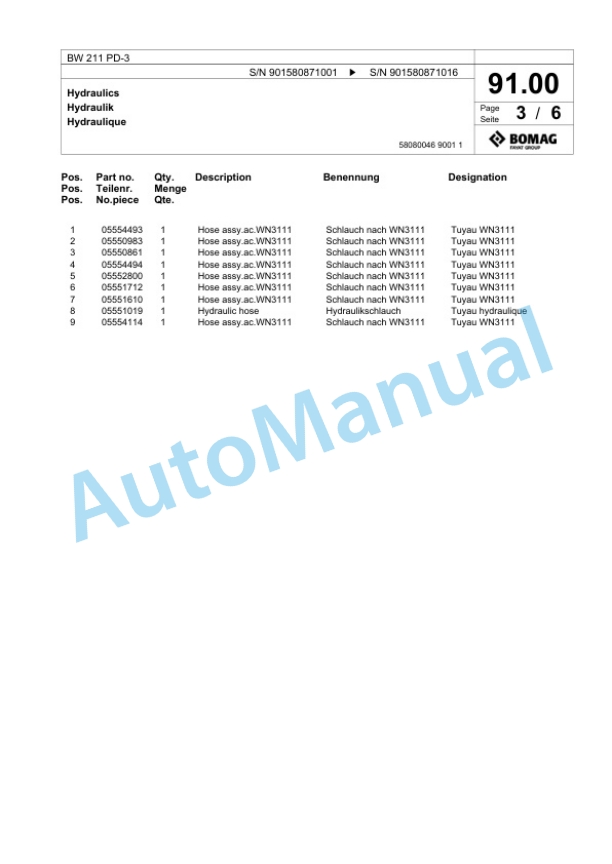 Bomag BW 211 PD-3 Single Drum Wheel Drive Vibratory Roller Spare Parts Catalogue 00817608 3 Bomag BW 211 PD-3 Single Drum Wheel Drive Vibratory Roller Spare Parts Catalogue 00817608-3