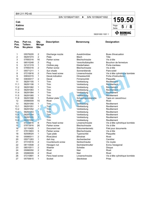 Bomag BW 211 PD-40 Single Drum Wheel Drive Vibratory Roller Spare Parts Catalogue 00818065 5 Bomag BW 211 PD-40 Single Drum Wheel Drive Vibratory Roller Spare Parts Catalogue 00818065-5