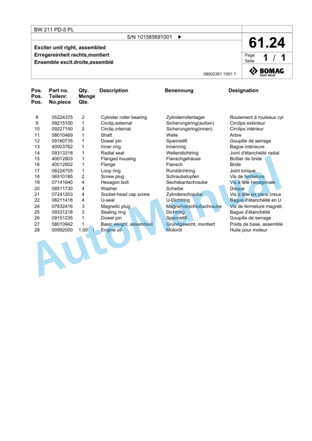 Bomag BW 211 PD-5 PL Single Drum Wheel Drive Vibratory Roller Spare Parts Catalogue 00827241 2 Bomag BW 211 PD-5 PL Single Drum Wheel Drive Vibratory Roller Spare Parts Catalogue 00827241-2
