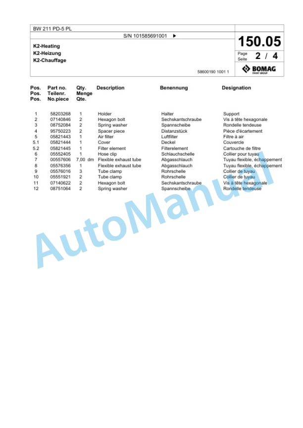 Bomag BW 211 PD-5 PL Single Drum Wheel Drive Vibratory Roller Spare Parts Catalogue 00827241 3 Bomag BW 211 PD-5 PL Single Drum Wheel Drive Vibratory Roller Spare Parts Catalogue 00827241-3