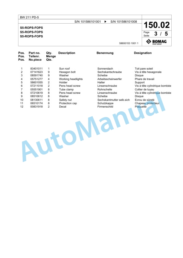 Bomag BW 211 PD-5 Single Drum Wheel Drive Vibratory Roller Spare Parts Catalogue 00824841 3 Bomag BW 211 PD-5 Single Drum Wheel Drive Vibratory Roller Spare Parts Catalogue 00824841-3