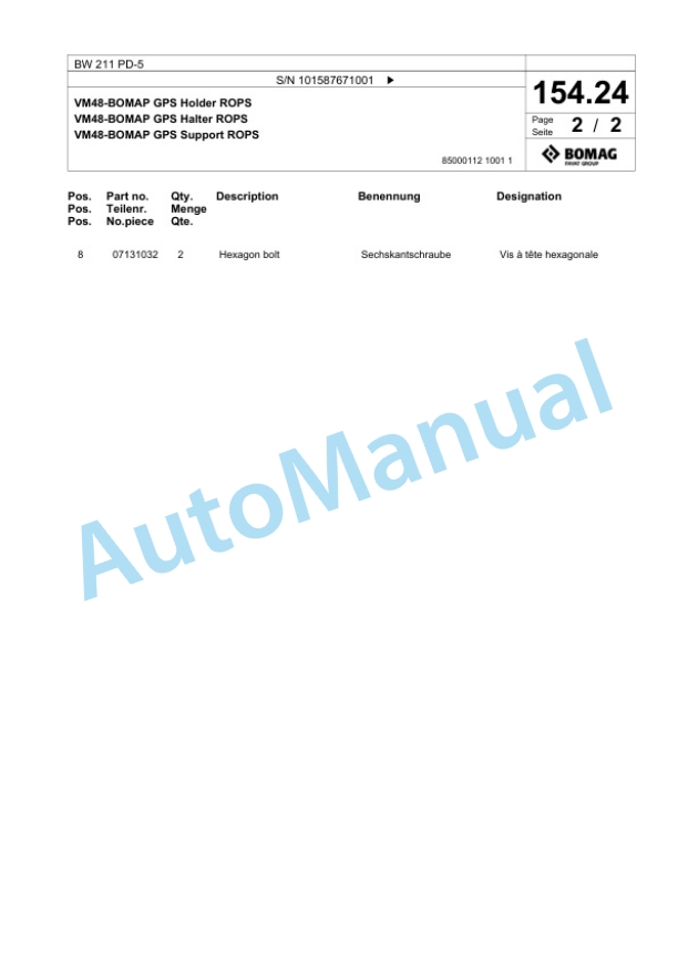Bomag BW 211 PD-5 Single Drum Wheel Drive Vibratory Roller Spare Parts Catalogue 00826561 4 Bomag BW 211 PD-5 Single Drum Wheel Drive Vibratory Roller Spare Parts Catalogue 00826561-4