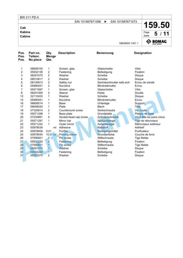 Bomag BW 211 PD-5 Single Drum Wheel Drive Vibratory Roller Spare Parts Catalogue 00826561 5 Bomag BW 211 PD-5 Single Drum Wheel Drive Vibratory Roller Spare Parts Catalogue 00826561-5