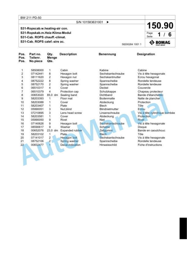 Bomag BW 211 PD-50 Single Drum Wheel Drive Vibratory Roller Spare Parts Catalogue 00824427 4 Bomag BW 211 PD-50 Single Drum Wheel Drive Vibratory Roller Spare Parts Catalogue 00824427-4