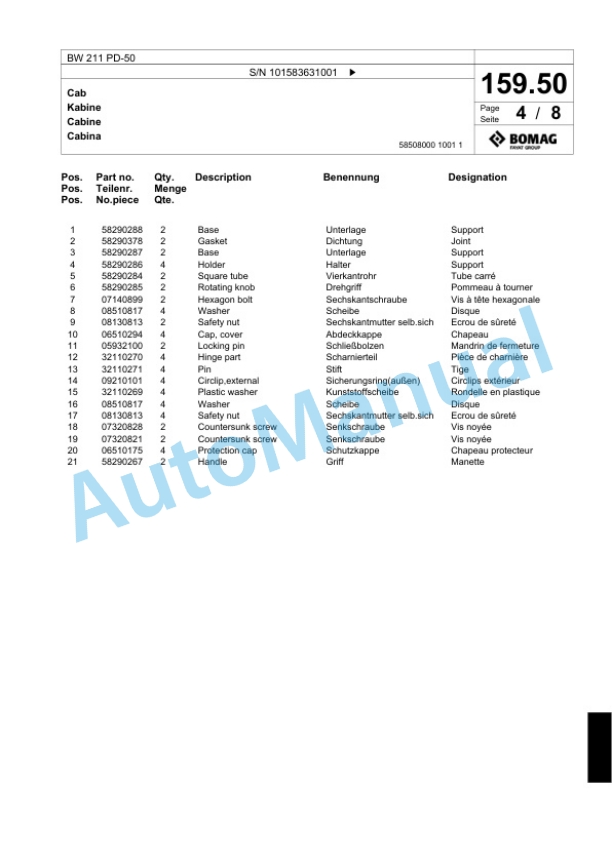 Bomag BW 211 PD-50 Single Drum Wheel Drive Vibratory Roller Spare Parts Catalogue 00824427 5 Bomag BW 211 PD-50 Single Drum Wheel Drive Vibratory Roller Spare Parts Catalogue 00824427-5