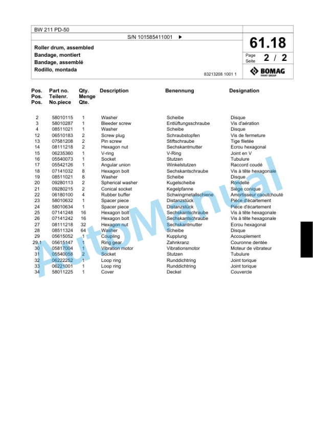 Bomag BW 211 PD-50 Single Drum Wheel Drive Vibratory Roller Spare Parts Catalogue 00824703 2 Bomag BW 211 PD-50 Single Drum Wheel Drive Vibratory Roller Spare Parts Catalogue 00824703-2