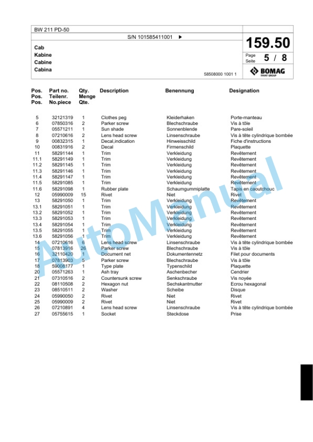 Bomag BW 211 PD-50 Single Drum Wheel Drive Vibratory Roller Spare Parts Catalogue 00824703 5 Bomag BW 211 PD-50 Single Drum Wheel Drive Vibratory Roller Spare Parts Catalogue 00824703-5