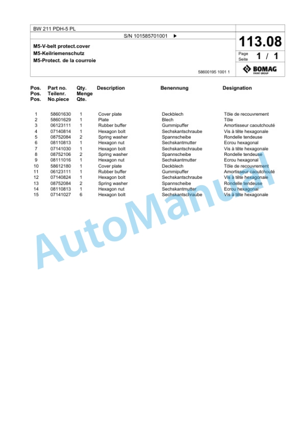 Bomag BW 211 PDH-5 PL Single Drum Wheel Drive Vibratory Roller Spare Parts Catalogue 00827243 3 Bomag BW 211 PDH-5 PL Single Drum Wheel Drive Vibratory Roller Spare Parts Catalogue 00827243-3