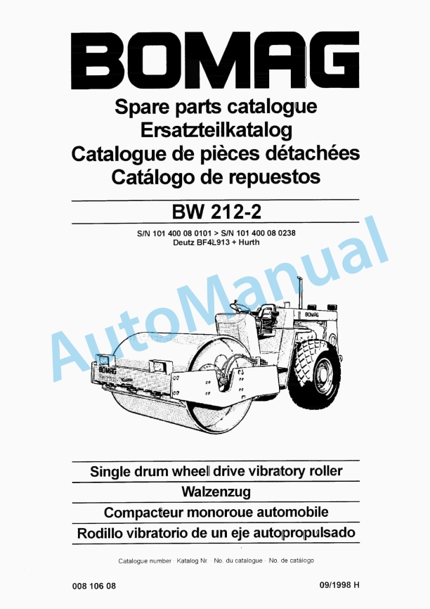 Bomag BW 212-2 Single Drum Wheel Drive Vibratory Roller Spare Parts Catalogue 00810608 1 Bomag BW 212-2 Single Drum Wheel Drive Vibratory Roller Spare Parts Catalogue 00810608