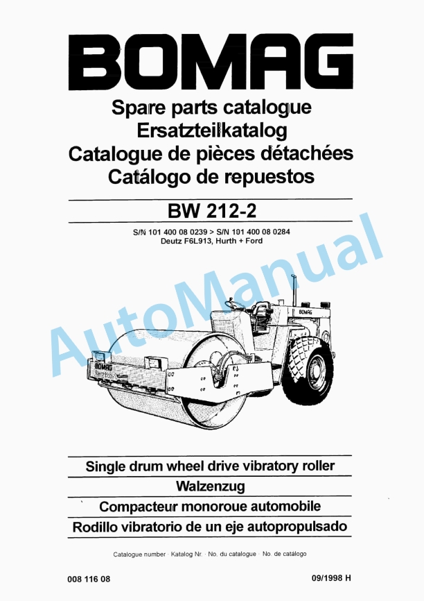 Bomag BW 212-2 Single Drum Wheel Drive Vibratory Roller Spare Parts Catalogue 00811608 1 Bomag BW 212-2 Single Drum Wheel Drive Vibratory Roller Spare Parts Catalogue 00811608