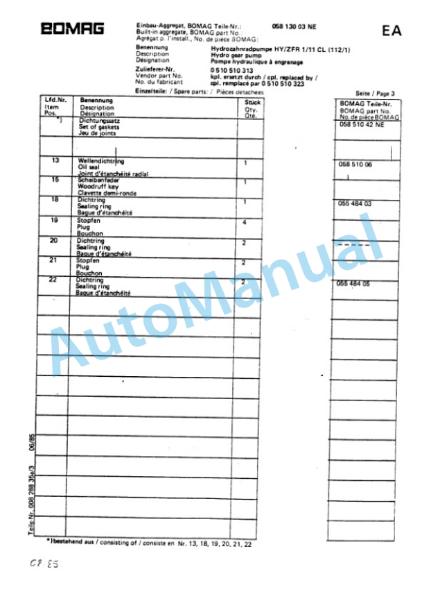 Bomag BW 212, BW 212 D, BW 212 PD Single Drum Vibratory Roller Spare Parts Catalogue 00814205 FR 4 Bomag BW 212, BW 212 D, BW 212 PD Single Drum Vibratory Roller Spare Parts Catalogue 00814205 FR-4
