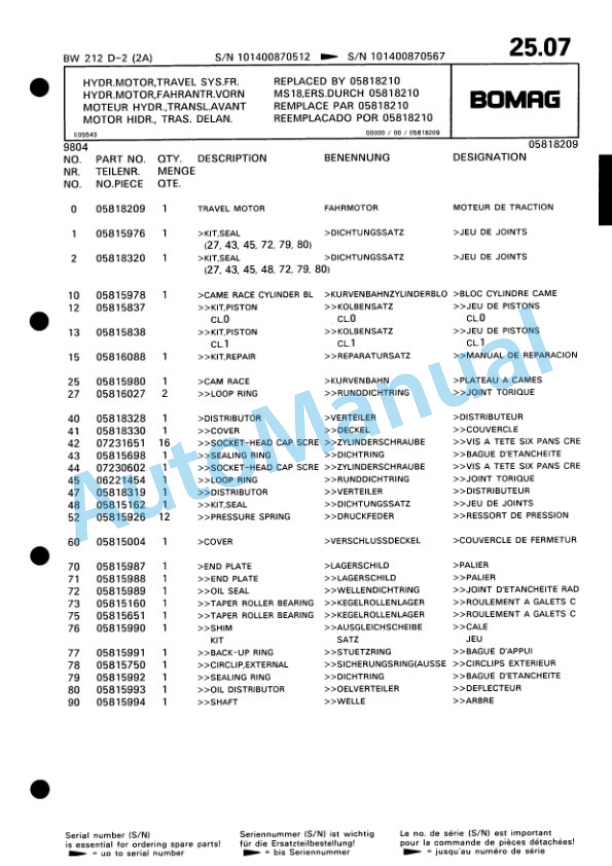 Bomag BW 212 D-2 2 Ampl Single Drum Wheel Drive Vibratory Roller Spare Parts Catalogue 00810663 2 Bomag BW 212 D-2 2 Ampl Single Drum Wheel Drive Vibratory Roller Spare Parts Catalogue 00810663-2