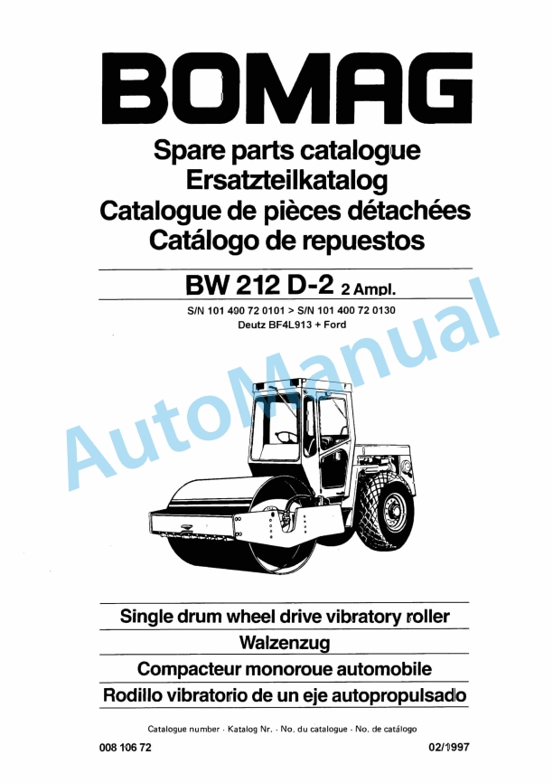 Bomag BW 212 D-2 2 Ampl Single Drum Wheel Drive Vibratory Roller Spare Parts Catalogue 00810672 1 Bomag BW 212 D-2 2 Ampl Single Drum Wheel Drive Vibratory Roller Spare Parts Catalogue 00810672