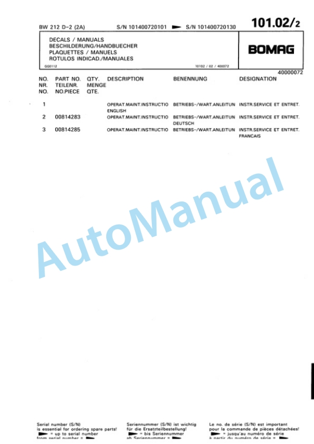 Bomag BW 212 D-2 2 Ampl Single Drum Wheel Drive Vibratory Roller Spare Parts Catalogue 00810672 4 Bomag BW 212 D-2 2 Ampl Single Drum Wheel Drive Vibratory Roller Spare Parts Catalogue 00810672-4