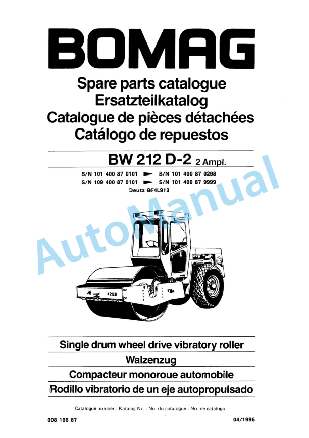 Bomag BW 212 D-2 2 Ampl Single Drum Wheel Drive Vibratory Roller Spare Parts Catalogue 00810687 1 Bomag BW 212 D-2 2 Ampl Single Drum Wheel Drive Vibratory Roller Spare Parts Catalogue 00810687