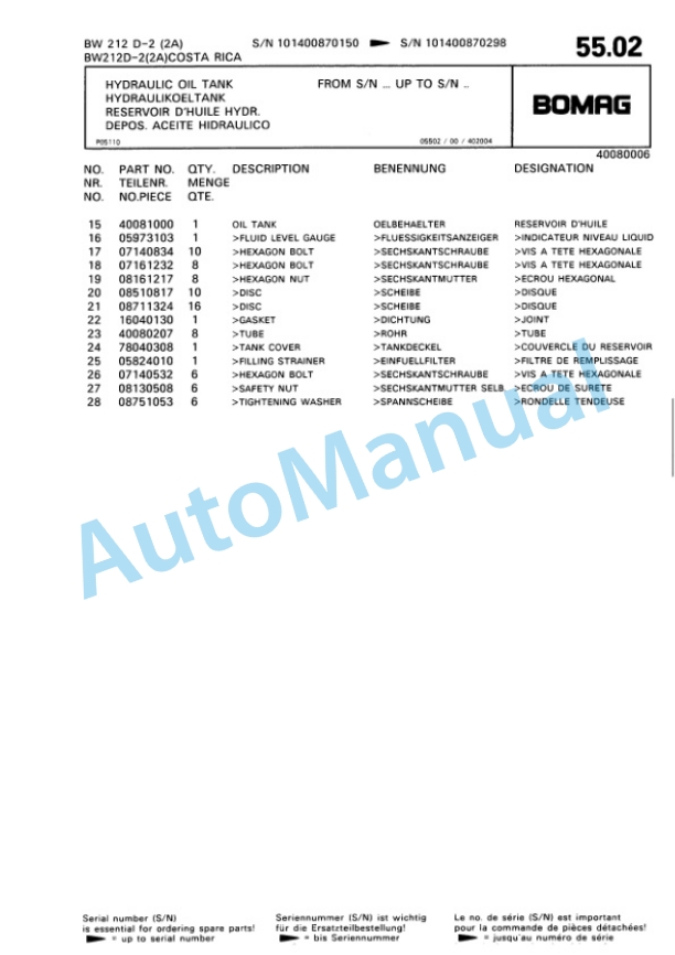 Bomag BW 212 D-2 2 Ampl Single Drum Wheel Drive Vibratory Roller Spare Parts Catalogue 00810687 3 Bomag BW 212 D-2 2 Ampl Single Drum Wheel Drive Vibratory Roller Spare Parts Catalogue 00810687-3