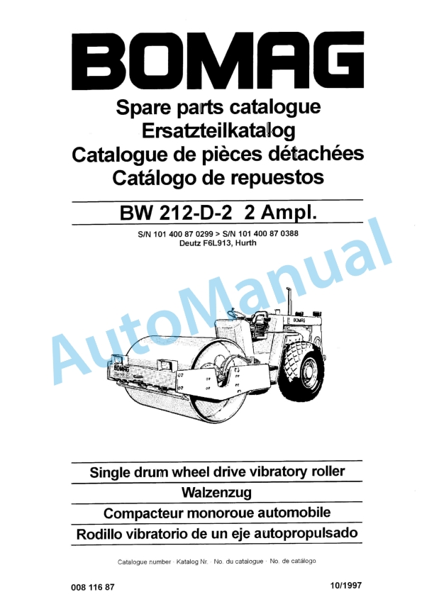 Bomag BW 212-D-2 2 Ampl Single Drum Wheel Drive Vibratory Roller Spare Parts Catalogue 00811687 1 Bomag BW 212-D-2 2 Ampl Single Drum Wheel Drive Vibratory Roller Spare Parts Catalogue 00811687