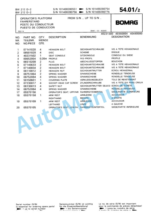 Bomag BW 212 D-2 Single Drum Wheel Drive Vibratory Roller Spare Parts Catalogue 00810628 3 Bomag BW 212 D-2 Single Drum Wheel Drive Vibratory Roller Spare Parts Catalogue 00810628-3