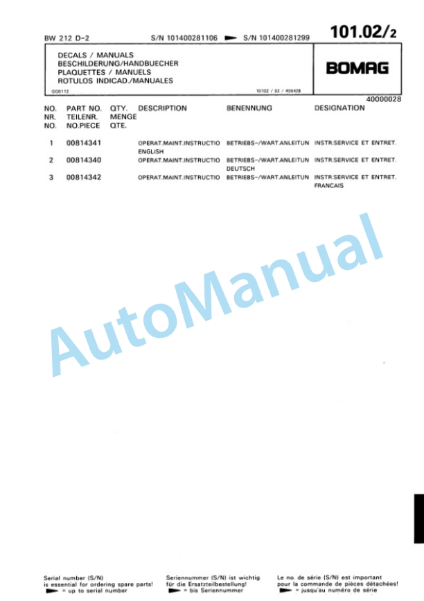Bomag BW 212 D-2 Single Drum Wheel Drive Vibratory Roller Spare Parts Catalogue 00810662 4 Bomag BW 212 D-2 Single Drum Wheel Drive Vibratory Roller Spare Parts Catalogue 00810662-4