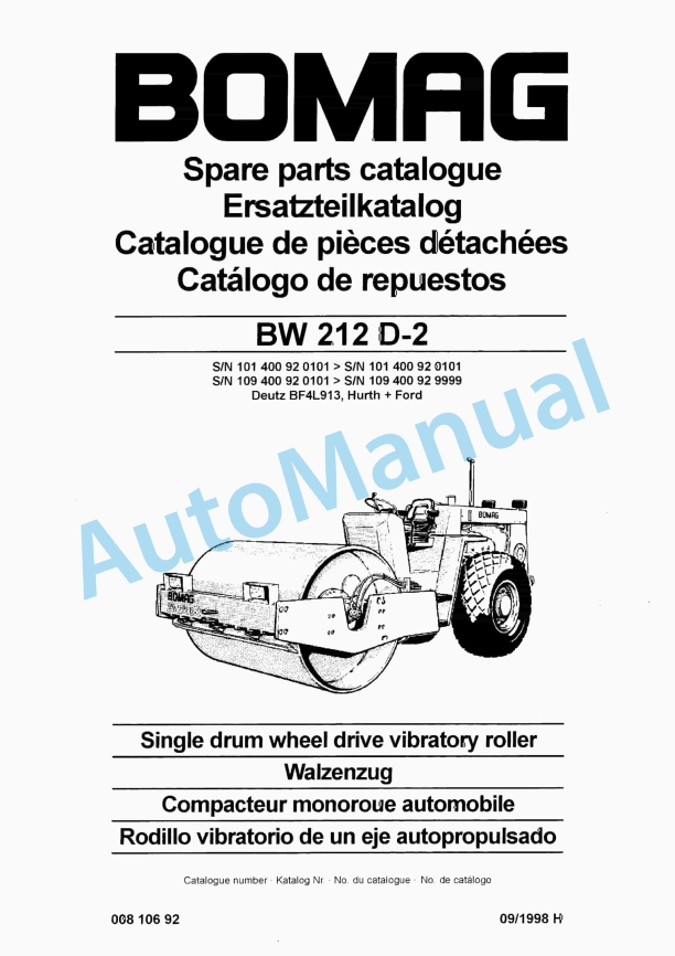 Bomag BW 212 D-2 Single Drum Wheel Drive Vibratory Roller Spare Parts Catalogue 00810692 1 Bomag BW 212 D-2 Single Drum Wheel Drive Vibratory Roller Spare Parts Catalogue 00810692